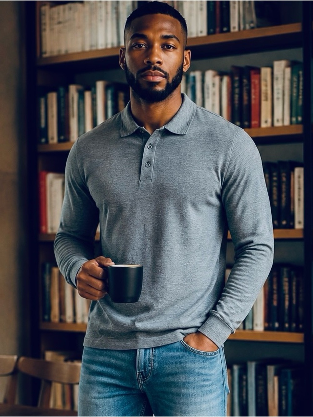 HUGO BOSS POLO SHIRT IN RELAXED FIT GRAY KNIT W LONG SLEEVE COMFORT SZ 3XL